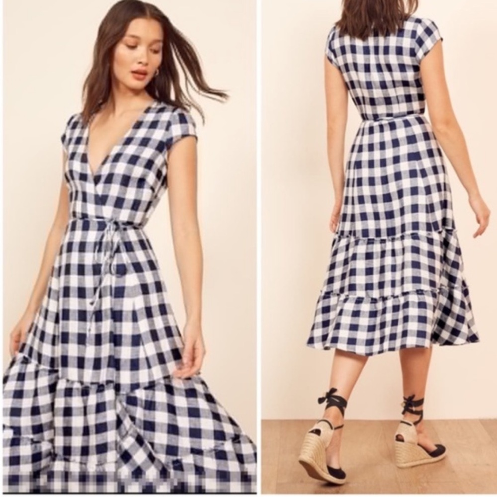 Reformation Navy and White Gingham Midi Wrap Dress - Picture 2 of 11